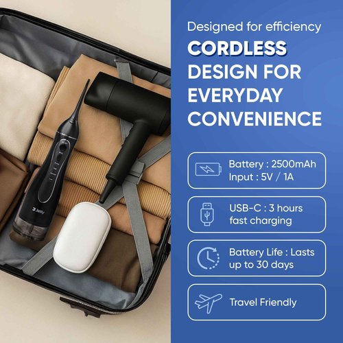 JETLY Water Dental Flosser Teeth Pick Cleaner: Travel Cordless Oral Irrigator 300ML Capacity Portable Rechargeable IPX7 Waterproof Electric Flossing Machine for Teeth Cleaning (Black)