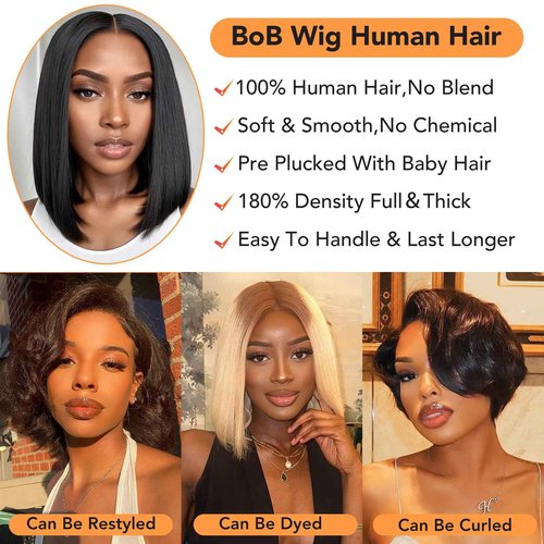 Nopxam Bob Wig Human Hair 12 Inch 13x4 Lace Front Wigs Human Hair Pre Plucked 180% Density Short Straight Bob Wig Natural Color Glueless Bob Wigs for Black Women