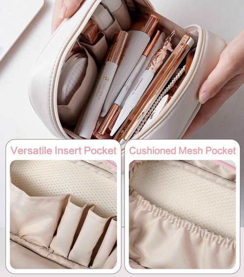 HFLZBRO Travel Makeup Bag Cosmetic Bag for Women,Small Makeup Organizer Bag,Cute & Waterproof Vegan Leather Makeup Case with Multiple Compartments,Toiletry Bag for Cosmetics (BROWN)