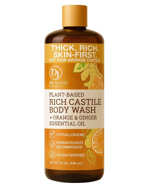 Dr. Jacobs Naturals Pure Castile Soap Liquid Body Wash, Orange & Ginger - All Natural Soap Infused with Vitamin E & Aloe Vera to Moisturize Dry and Sensitive Skin - Made in the USA - 32 oz, Pack of 1