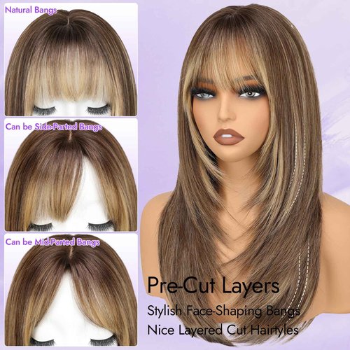 Eawwii Wig with Bangs for Women Ash Blonde with Silver Highlights-Dark Roots Straight Face-Framing Layers Hairstyle 4x4 Realistic Scalp Glueless Synthetic Wigs Medium Length for Everyday Use