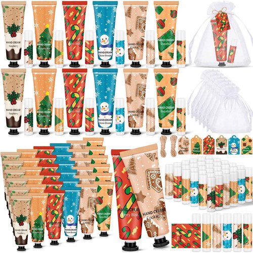 Loopeer 36 Sets/144 Pcs Christmas Hand Cream and Lip Balm Gift Set for Women Bulk Mini Hand Lotion Travel Size for Dry Skin Stocking Stuffers with Greeting Card Organza Bags for Coworker Employee
