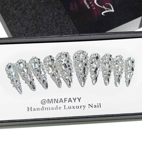 MNAFAYY Luxury Gems 100% Handmade Nails Long Stiletto Press On Nails Full Cover 3D Rhinestone Crystal Gorgeous Reusable UV Finished Fake False Nails Acrylic Nail Kit With Box Gifts for Women10PCS