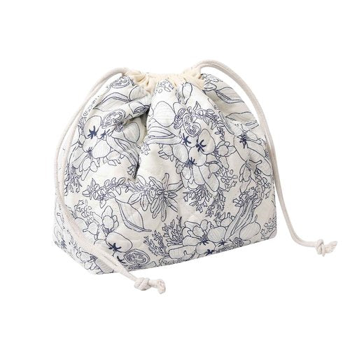 SURBEAV Aesthetic Cotton Quilted Drawstring Makeup Bag - Cute Travel Toiletry Organizer with Canvas Lining, Lightweight and Durable Cosmetic Pouch for Women Girls (Navy blue flower)