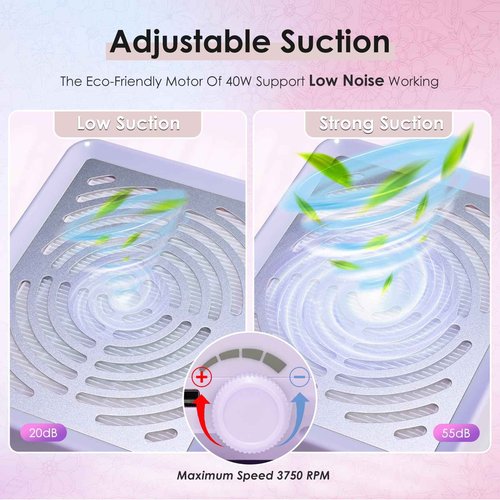 Nail Dust Collector with Lamp&50pcs Disposable Filter&Dusting Brush, Electric Nail Vacuum Cleaner Dust Fan Suction Machine for Manicure Acrylic Gel Nails Polishing, Low Noise, Salon Home (Purple)