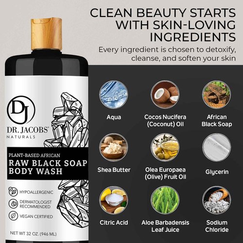 Dr Jacobs Naturals Authentic African Raw Black Soap, All-In-One Cleanser for Face Wash, Sensitive Skin Body Wash, Shampoo, Shaving Soap | Shea Butter Moisturizing and Nourishing Formula | 32oz 1pk