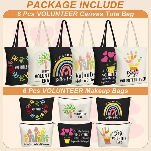 Yaomiao 12 Pcs Volunteer Appreciation Gifts Volunteer Tote and Cosmetic Bags Set for Women Funny Canvas Reusable Grocery Bag with Zipper Makeup Bag for Christmas Holiday Thank You Gifts, Church, Group