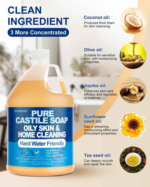 FLOWHYET Pure Castile Soap Liquid Unscented 1 Gallon(128 fl oz) Refill, Organic Body Wash Bath Soap Vegan Castile,Hard Water Oily Skin Friendly for Body, Face, Hand, Multi-Purpose Home Cleaner