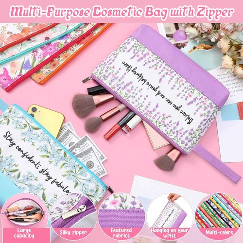 Silkfly 15 Pcs Flower Canvas Makeup Bags Bulk 10.2 x 5.5 x 2 Inches Inspirational Canvas Cosmetic Bag Spring Travel Toiletry Pouch with Zipper Inspirational Gifts for Women