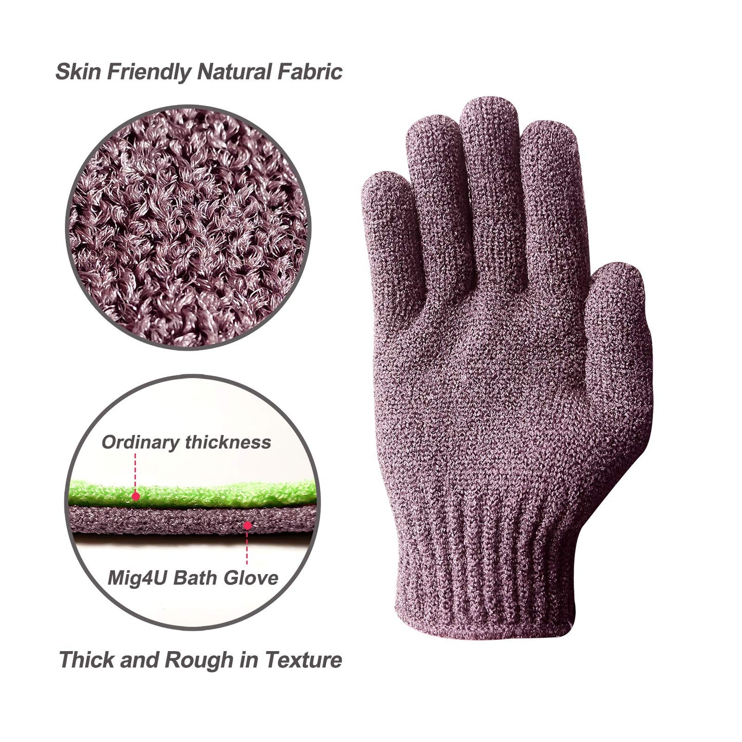 MIG4U Shower Exfoliating Scrub Gloves Medium to Heavy Bathing Gloves Body Wash Dead Skin Removal Deep Cleansing Sponge Loofah for Women and Men (1 Pair, Purple-brown)