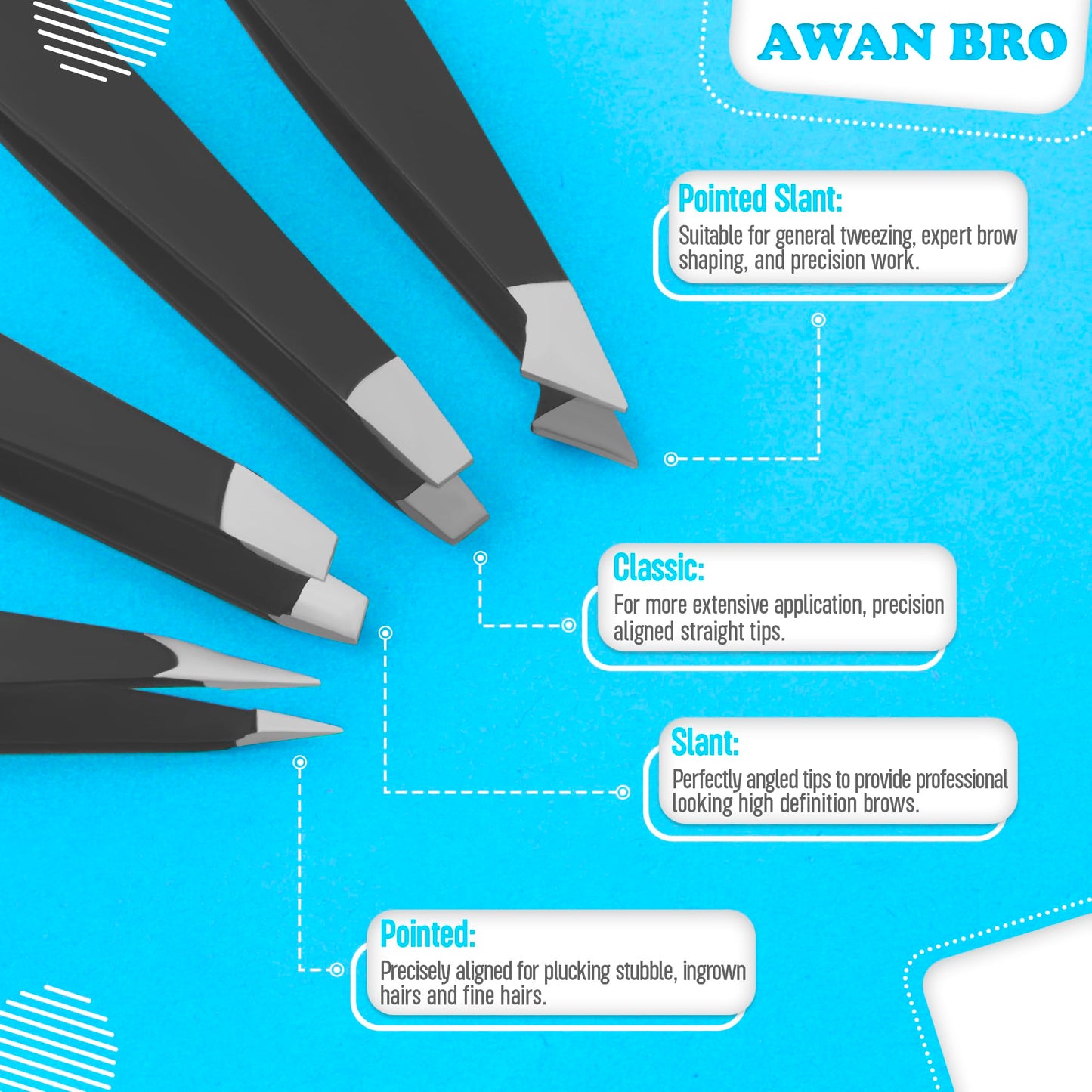 AWAN BRO Professional Stainless Steel Eyebrow Tweezers 4 Pieces With Case, Softly Closure High Precision Strong Grip Eyebrows Facial Hair Ingrown High Grade Tweezers For Women (Black Matt 4pack)