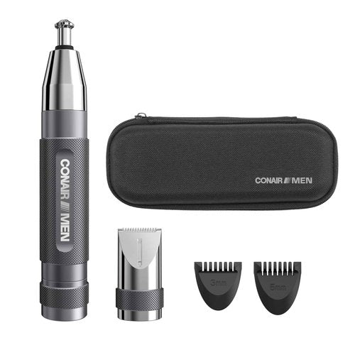 Conair Men Ear, Nose and Eyebrow Trimmer, Patented 360° Bevel Blade for No Pulls, Nicks or Cuts Guaranteed, Nose Hair Trimmer for Men, Non-Slip Grip, 5-Piece Kit with Travel Case