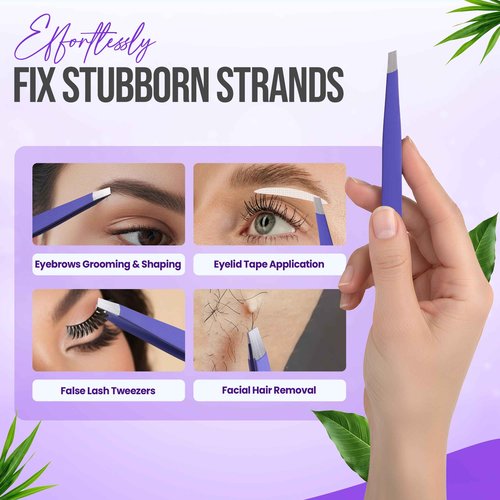 Slanted Stainless Steel Tweezers for Men & Women - Precision Eyebrow Tweezers for Facial Hairs, Strong Grip, Fine Tip, Professional Tweezer for Plucking & Grooming (Purple)
