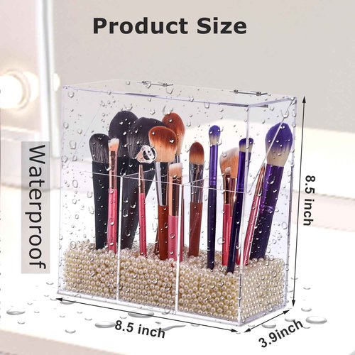LOHRYVIO Acrylic Makeup Brush Holder with Lid - Clear Cosmetic Make up Brush Organizer and Storage Box with Dustproof Cover for Vanity - Large Capacity 3-Slots Container for Brushes (White)