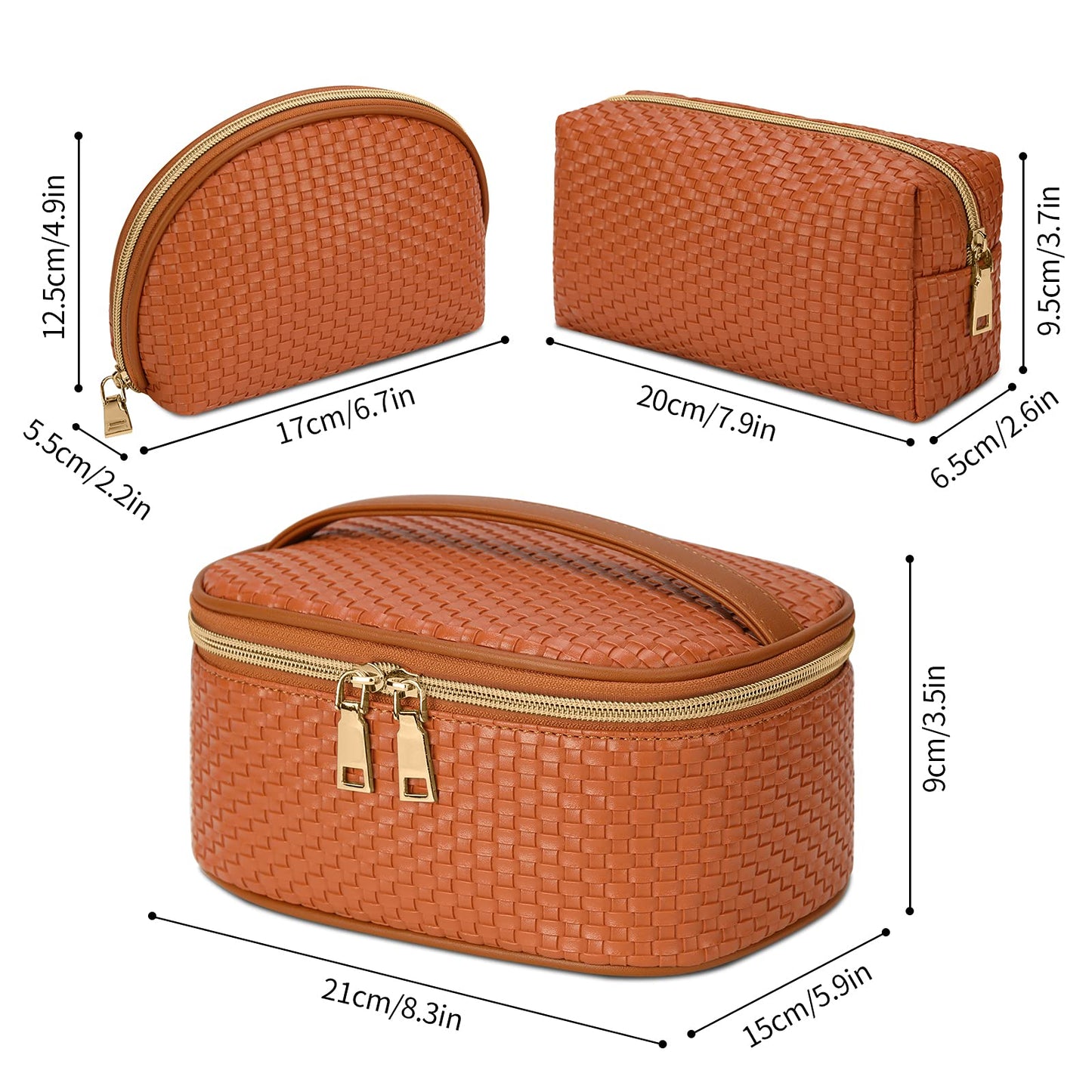 KTMOUW Makeup Bag 3 Pcs Waterproof Cosmetic Bag Set Portable Travel Cosmetic Bag Multifunction Organizer Storage Bag Weave Toiletry Bag for Women, Brown