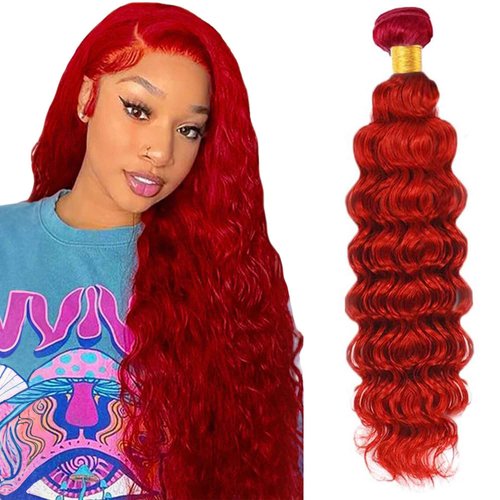 Red Deep Wave Human Hair Bundles 30 Inch Deep Single Bundle Light Red Color Human Hair Unprocessed Native Virgin Hair 100g Total Double Weft Crochet Human Hair Extensions for Women