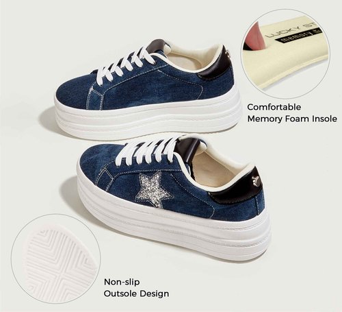 BELOS Fashion Platform Women Sneakers Faux Suede Stars Holographic Rainbow Walking Shoes (Denim Blue,7)