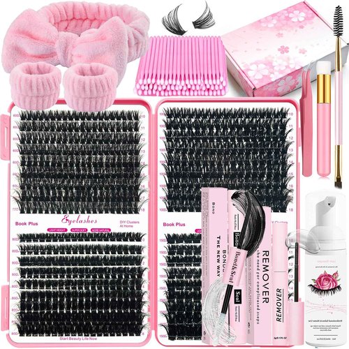 DNSGOOR DIY Lash Extension Kit 630Pcs 10-18mm D Curl Lashes Clusters with Lash Bond and Seal Glue Remover Lash Shampoo Cleansing Brush Headband Wristband Tweezers Eyelash Brush Applicator