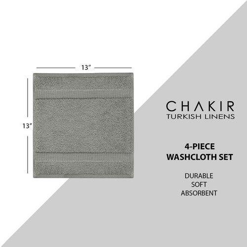 Chakir Turkish Linens | Hotel & Spa Quality 100% Cotton Premium Turkish Towels | Soft & Absorbent (4-Piece Washcloths, Gray)
