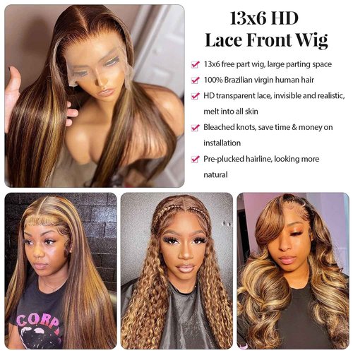 13x6 Lace Front Wigs Human Hair Wigs for Black Women, 4T4/27 Blonde Highlights 13x6 HD Lace Front Wigs Human Hair Pre Plucked with Baby Hair 16 Inch 150% Density Colored Transparent Wigs Human Hair