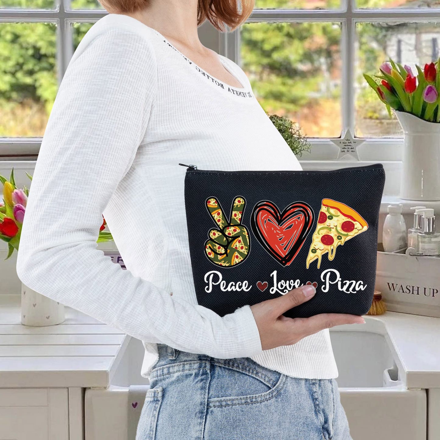 LEVLO Funny Pizza Cosmetic Bag Pizza Lover Gift Peace Love Pizza Makeup Zipper Pouch Bag Pizza Party Gift (Peace Pizza Black)