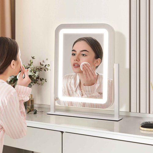 Shinerva Vanity Mirror with Lights,12"×14.6" LED Makeup Mirror,Lighted Makeup Mirror with Lights, Smart Touch Control Dimmable 3 Modes Light, Lighted Up Mirror for Makeup Desk, Bedroom, Dressing Room