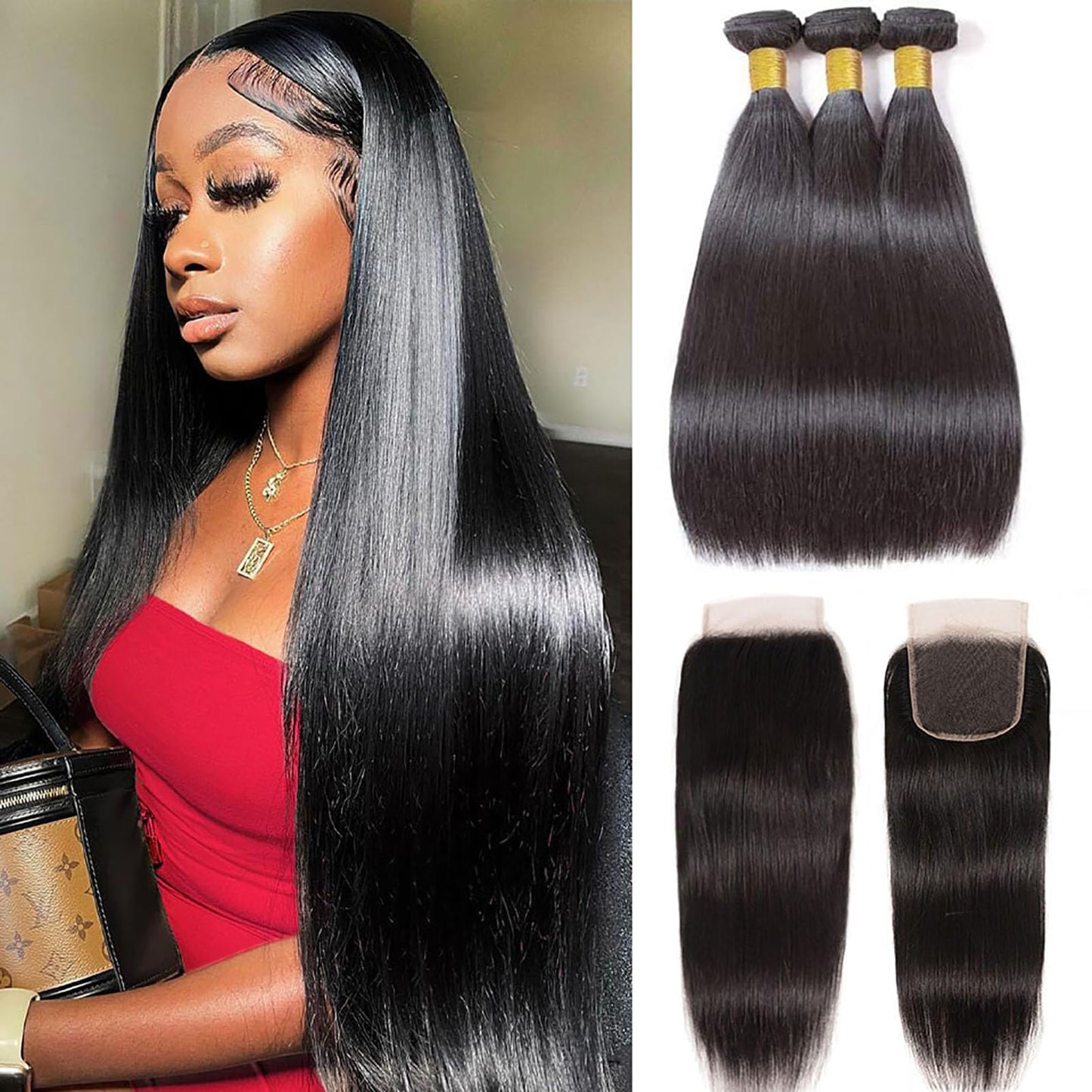 10A Straight Bundles with Closure 20 22 24 with 18 Inch Human Hair Bundles with Closure 100% Unprocessed Brazilian Virgin Human Hair Weave 3 Bundles with Closure HD Lace