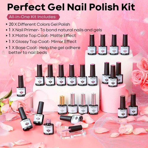 Modelones 24 Pcs Gel Nail Polish Kit, Hot Pink Gel Nail Polish Set Pastel Paradise Girly Nail Polish Red Glitter Soak Off Gel Nail Kit with Bond Primer Glossy & Matte Top Coat Base Coat Nail Art Gifts