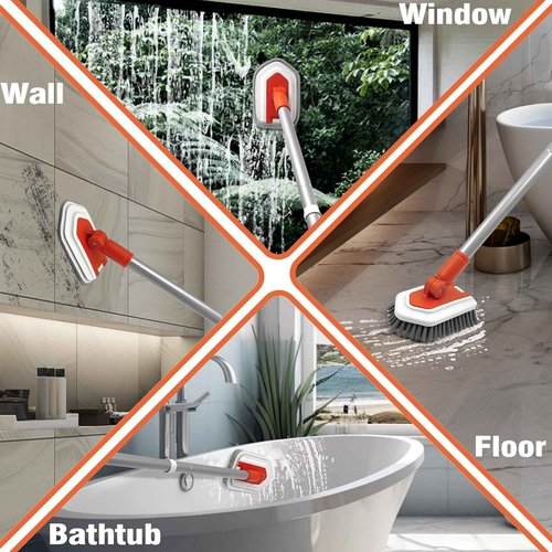 JEHONN Shower Cleaning Brush, Tub Tile Scrubber with Telescopic 51 inches Long Handle, 4 Scrub Heads for Bathroom Bathtub Floor Baseboard Sink Toilet