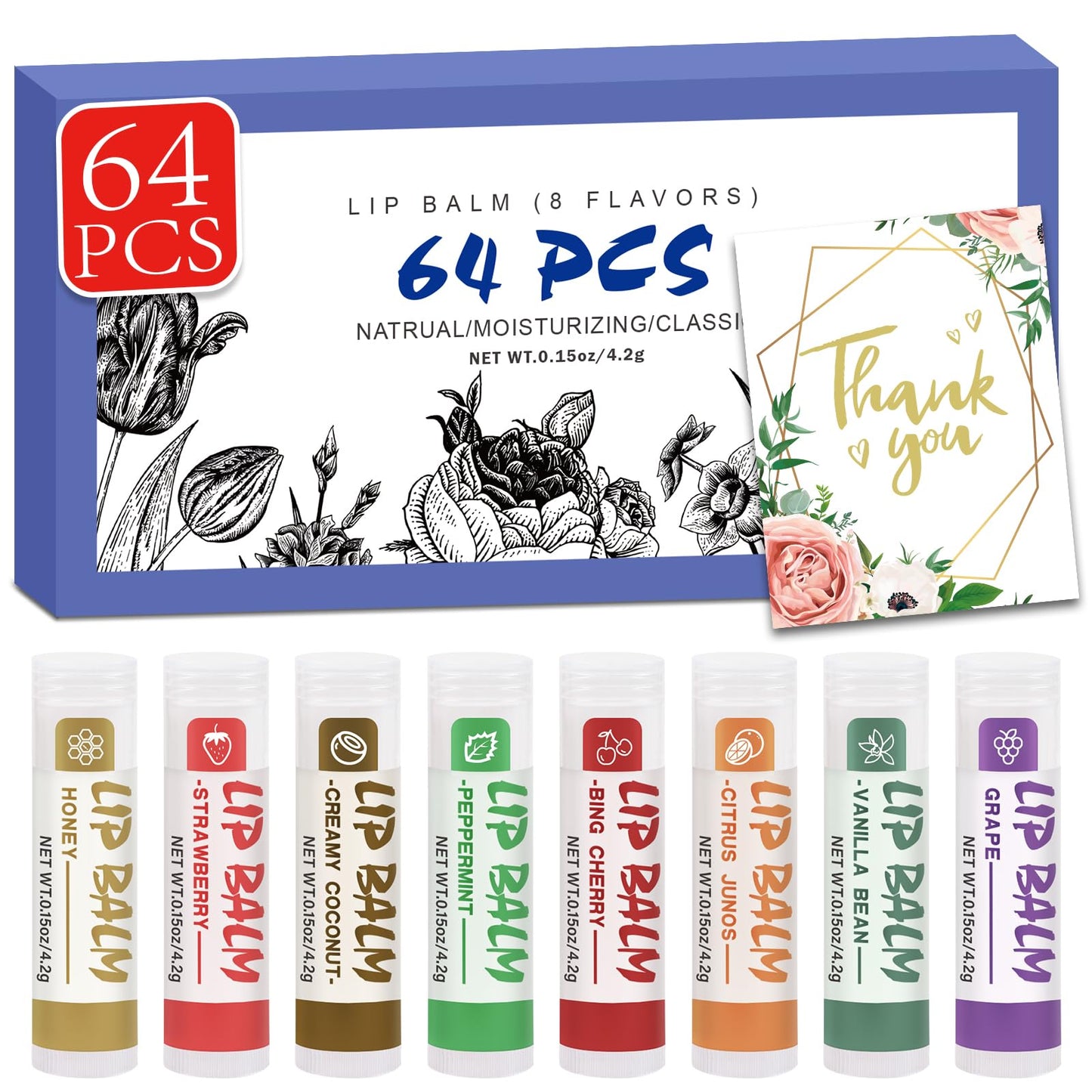 64 Pack Lip Balm, Natural Lip Balm Bulk with Vitamin E and Coconut Oil, Moisturizing Soothing Chapped Lips-8 Flavors