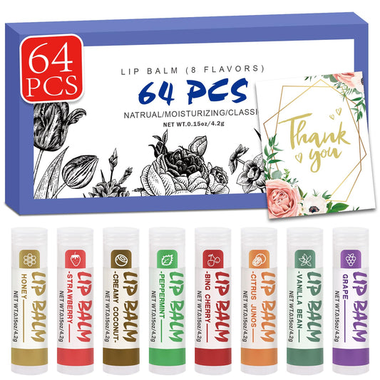 64 Pack Lip Balm, Natural Lip Balm Bulk with Vitamin E and Coconut Oil, Moisturizing Soothing Chapped Lips-8 Flavors