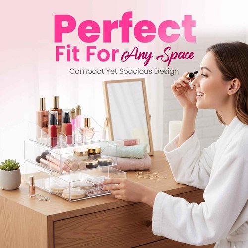 Clear Makeup Organizer - Acrylic Cosmetic Vanity Storage Organizers for Girls Dresser, Bathroom, Desk Counter - Plastic Make Up Holder, Jewelry Box (2-Drawer | Multi Compartments)