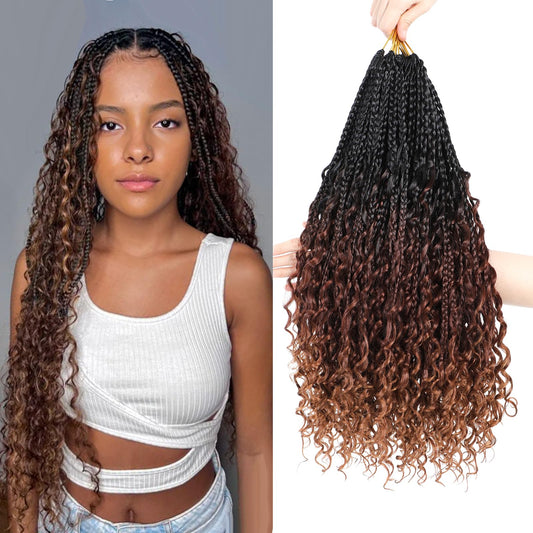 Boho Box Braids Crochet Hair 8 Packs Boho Crochet Braids Pre Looped 1B/33/30 Goddess Box Braids Crochet Hair for Black Women 18 Inch Boho Braids Crochet Hair Extension