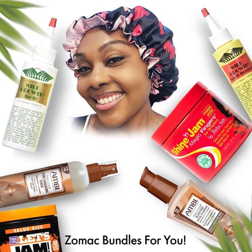 Zomac Satin Bonnet with 14 in 1 Miracle Worker Hair Moisturizer, Shampoo, and Conditioner Gift Set. Includes Gift Bag. Pamper Yourself or a Friend (Hearts)