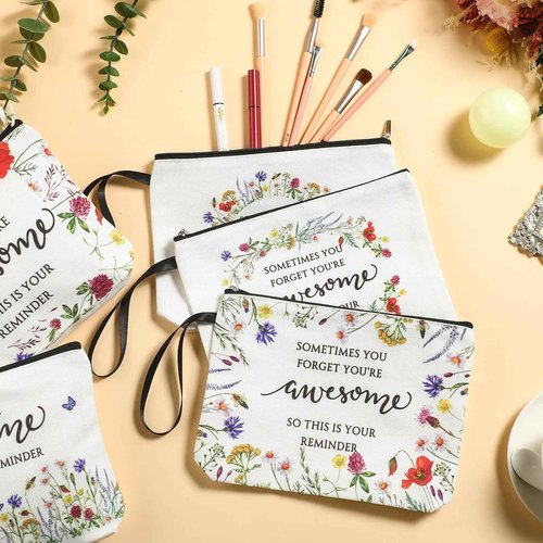Reginary 5 Pcs Christmas Inspirational Makeup Bags for Women Bulk Motivational Flower Canvas Cosmetic Bag with Zipper Gifts Thank You Gift for Staff Employee Coworker Party Gifts, 9 x 6.7 in