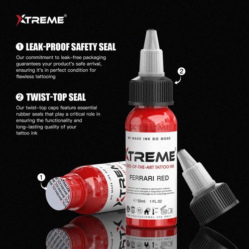 Xtreme Tattoo Ink Ferrari Red 1 OZ Versatile Medium Viscosity for Precision Tattooing, Rich Hue, Quick Healing, Acrylic-Free, Water Based, Ready-to-Use Tattoo Ink