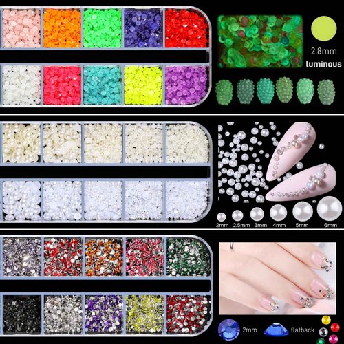 5 Boxes Gold & Silver Metal Nail 3D Punk Studs Star Moon Heart Triangle Square Rivet Gems Nail Art Jewels with a Curved Tweezers and a Nail Brush and a Wax Pen Picker (6-Rhinestones kit-3)