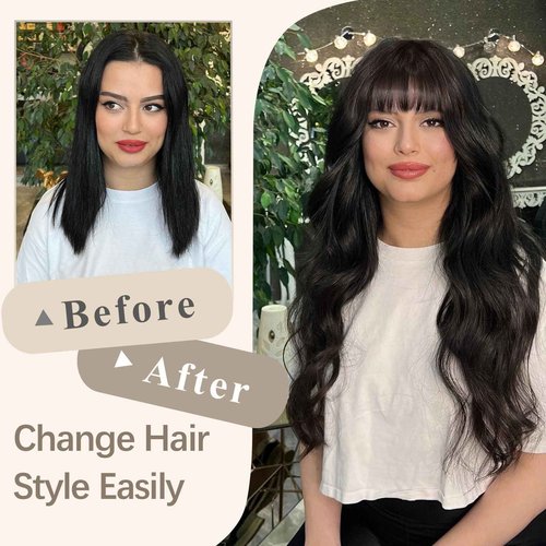 QYDEERY Black Wig with Bangs for Women Long Wavy Wigs Curly Synthetic Wig Natural Looking Hair Heat Resistant Wigs for Daily Party Use