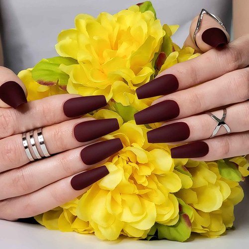 Hypnaughty Press On Nails - Maroon Xtreme & Noir Matte Coffin, Trendy & Salon Quality Reusable Nails With Kit