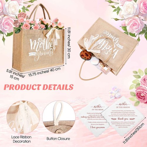 Hushee 2 Set Mother of Bride and Groom Gifts Set Includes Handbag Canvas Makeup Bag Acrylic Heart Decoration Wedding Handkerchief for Mom Mother in Law Bridal (Flower)
