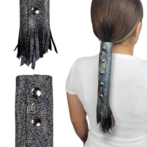 Silver Sparkle motorcycle Leather Hair Wrap 8" Inch - Ponytail protector & Long Hair Protector for Biker Helmet | Bling Motorcycle Accessories for Women with Fringe | Made in USA | Hair Accessory