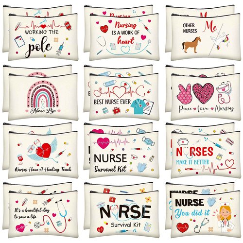 Nurses Week Accessories, 24 PCS Nurse Survival Kit Bag, Canvas Zipper Pouch Nurse Practitioner Accessories, Nurse Zipper Travel Makeup Bag for Women Girls Nurses Nurse Party