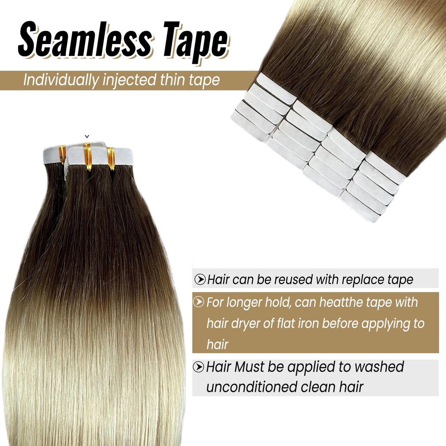 20inch Invisible Tape in Hair Extensions Human Hair Flax Brown to Platinum Blonde Tape Ins Human Hair Extensions Omber Platinum Blonde Human Hair Tape in Extensions 20pcs 50g/Pack