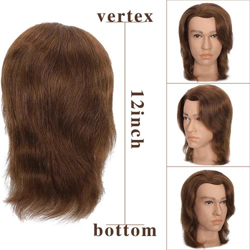 TKIMHEQ 12" Male Mannequin Head with 100% Human Hair Haircut Training Head for Cosmetology Straight Thick Hair Manikin Head Doll Head with Stand Practice Cutting Styling (Brown#)