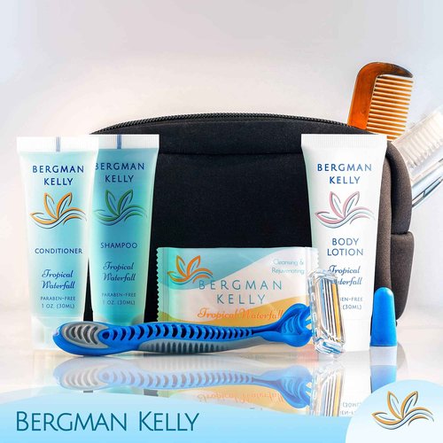 Bergman Kelly Hotel Toiletries Bundle (Tropical Waterfall, 1 oz each, 40 Pcs) 4-Piece Set: 10 Rectangular Bar Soap, 10 Shampoo, 10 Conditioner & 10 Body Lotion - Bulk Mini Guest Amenities Supply