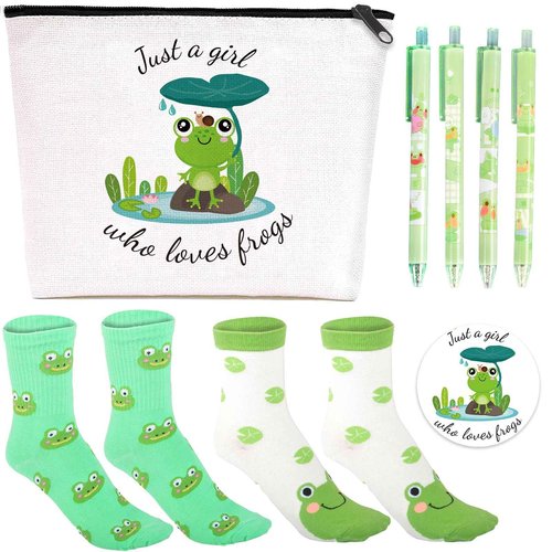 CIXICM Frog Gifts for Frog Lovers, Includes Makeup Bag, Cute Socks, Frogs Writing Gel Ink Pen & Mini Round Mirror, Just Who Loves Frogs, Birthday Gift for Women