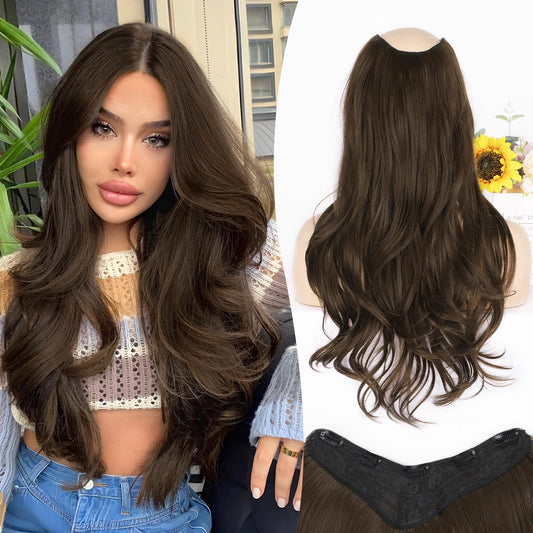 FORCUTEU Clip in Hair Extensions Long Layered Straight Wavy V-Shaped Hair Extension One Piece Milk Tea Brown Hair Extensions with 5 Clips for Women Daily Use