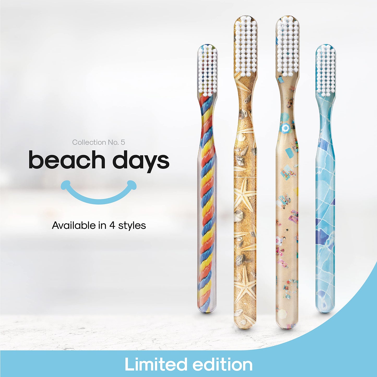 SMYL Toothbrush, Toothbrushes for Adults with Nylon Bristles, Oral Care and Plaque Removal, Day at The Beach Design, Aqua