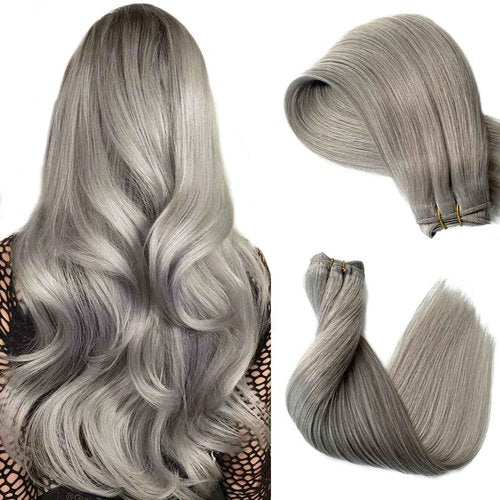 12 Inch Silver Grey Weft Sew in Hair Extensions Real Human Hair Weft Bundles, Hand Tied Silver Gray Sew in Weft Human Hair Extensions, 80G Per Bundle with Thick Full Ends