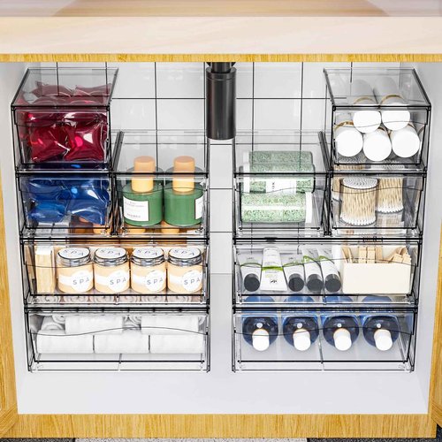 4 Pack Clear Stackable Storage Drawers,12"W Large Bathroom Makeup Organizer and Pen,Sunglass,Medicine,Baby Bottle Organizer,Plastic Pull Out Storage Bins for Desk,Under Cabinets,Vanity Countertop